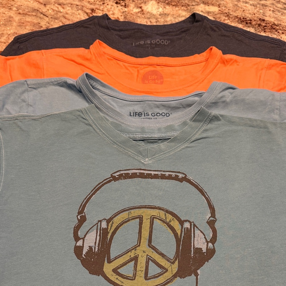 Life Is Good women’s Tees - three different blues and one orange